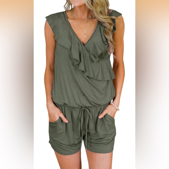 Merokeety Pants - Sleeveless Ruffle Jumpsuit in Olive Green